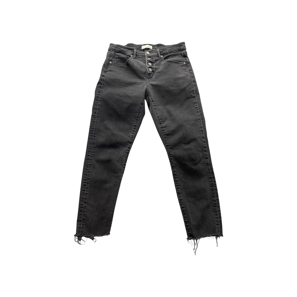 LOFT High Rise Button Fly Skinny‎ Jeans Black Distressed Raw Hem Size 8 29